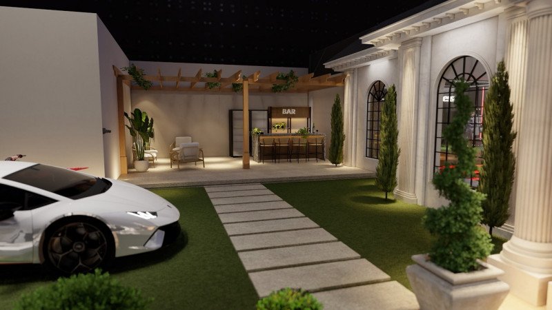 Foto de la fuente: el patio de «La casa de Alofoke 3», con bar, pérgola y un carro deportivo blanco